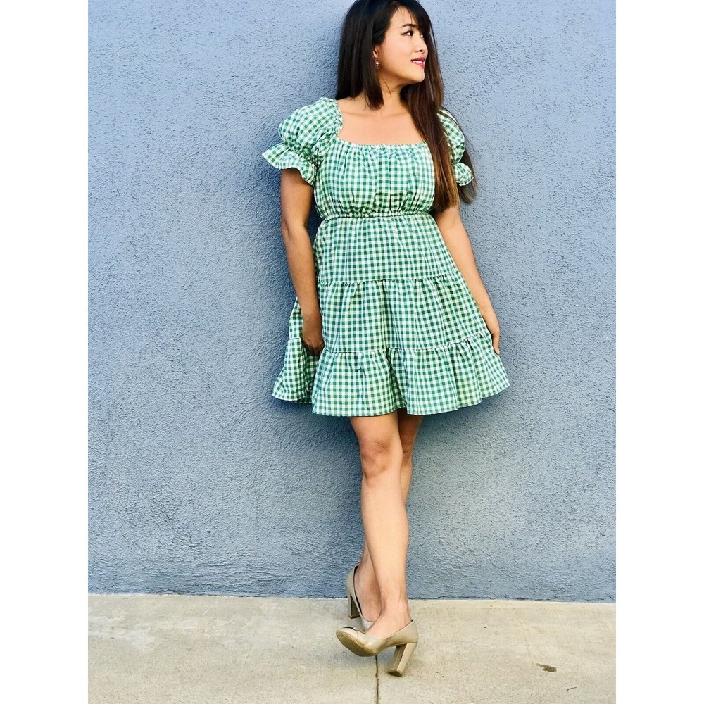 NWT Green Check Dress Cotton Boat Neck Fit Size ML